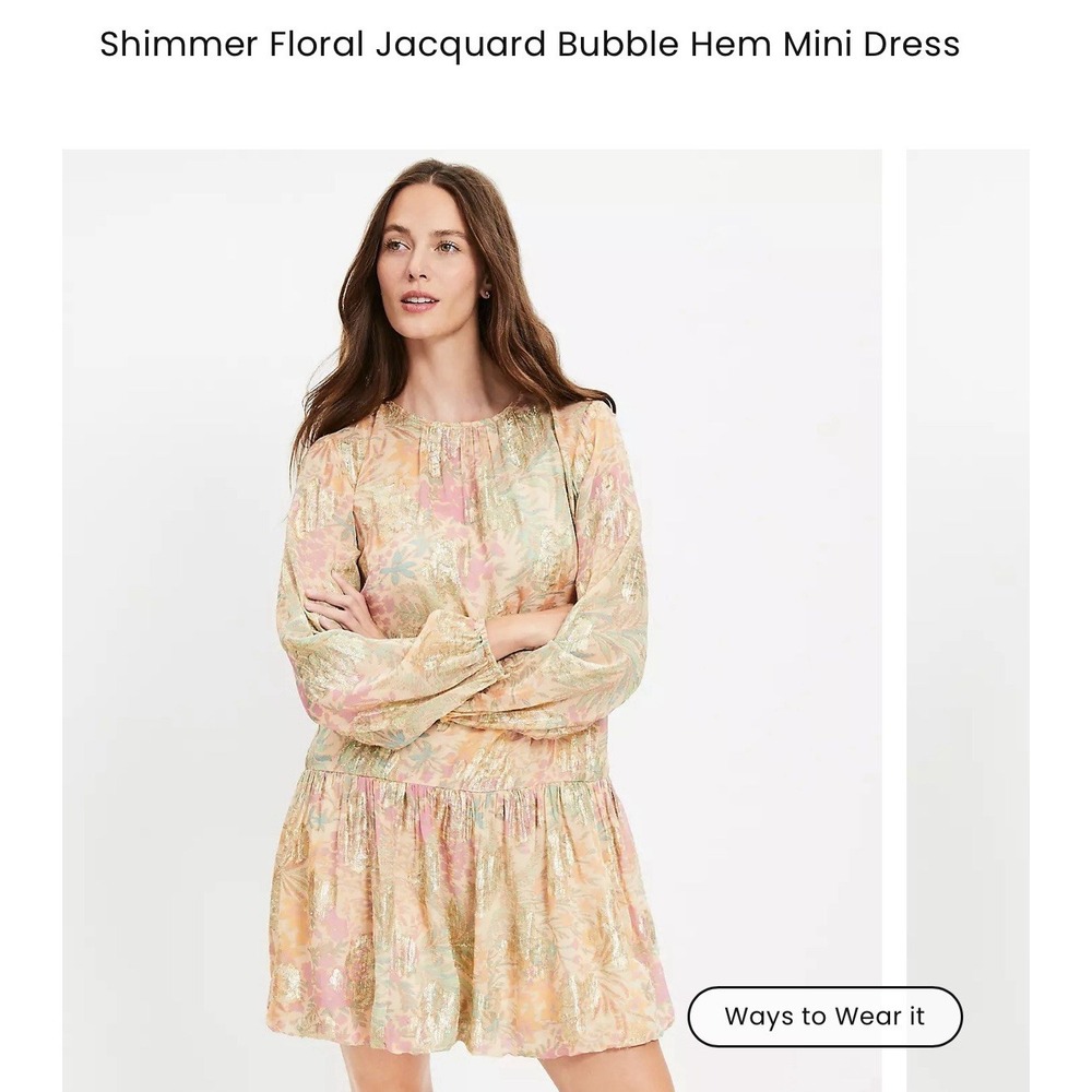 Loft XS Floral Shimmery Dress With Bubble Hem. Flowy‎ Style. Drop Waist.